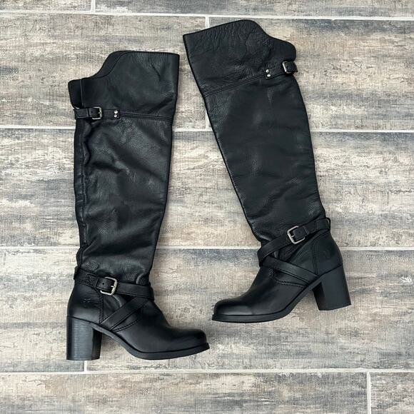 Frye Kelly Black Leather Over the Knee Boots Buckle Strap Block Heel Riding boot - Picture 1 of 12